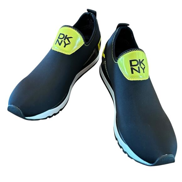 DKNY Jolie-Slip On Sneakers Neoprene Black Neon Yellow Logo NEW 7.5 - Picture 6 of 11
